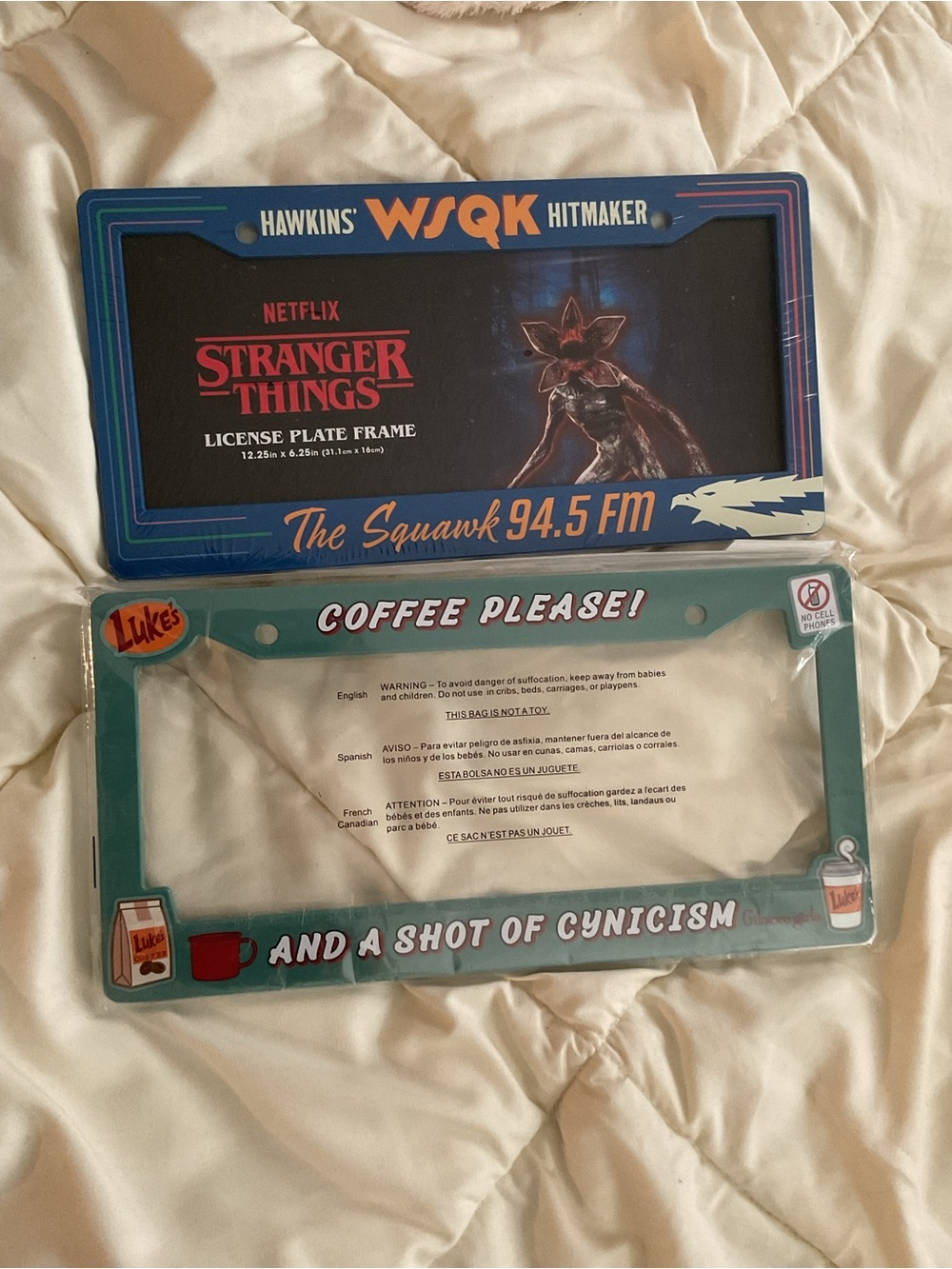 Bundle of license plate frames. Stranger things and Gilmore girls